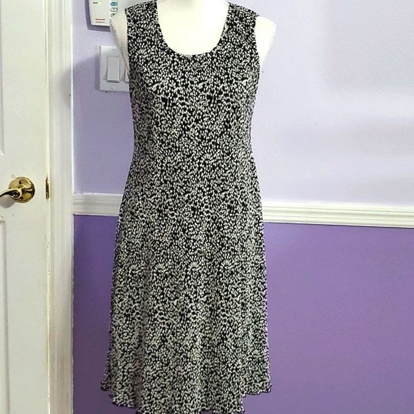 Connected Vintage Retro 90s Black White Botanical Print Ribbed Fabric Midi Dress - Picture 1 of 7